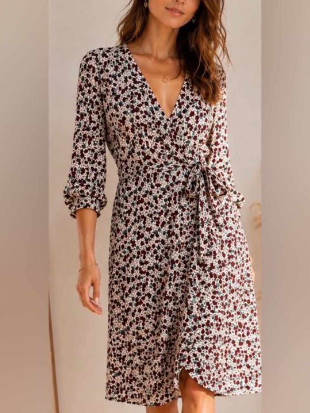 BA&SH Elen Floral Wrap Midi Dress Burgundy Ivory Teal 3/4 Sleeve French Chic